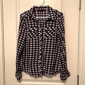 Navy and white checkered button up.